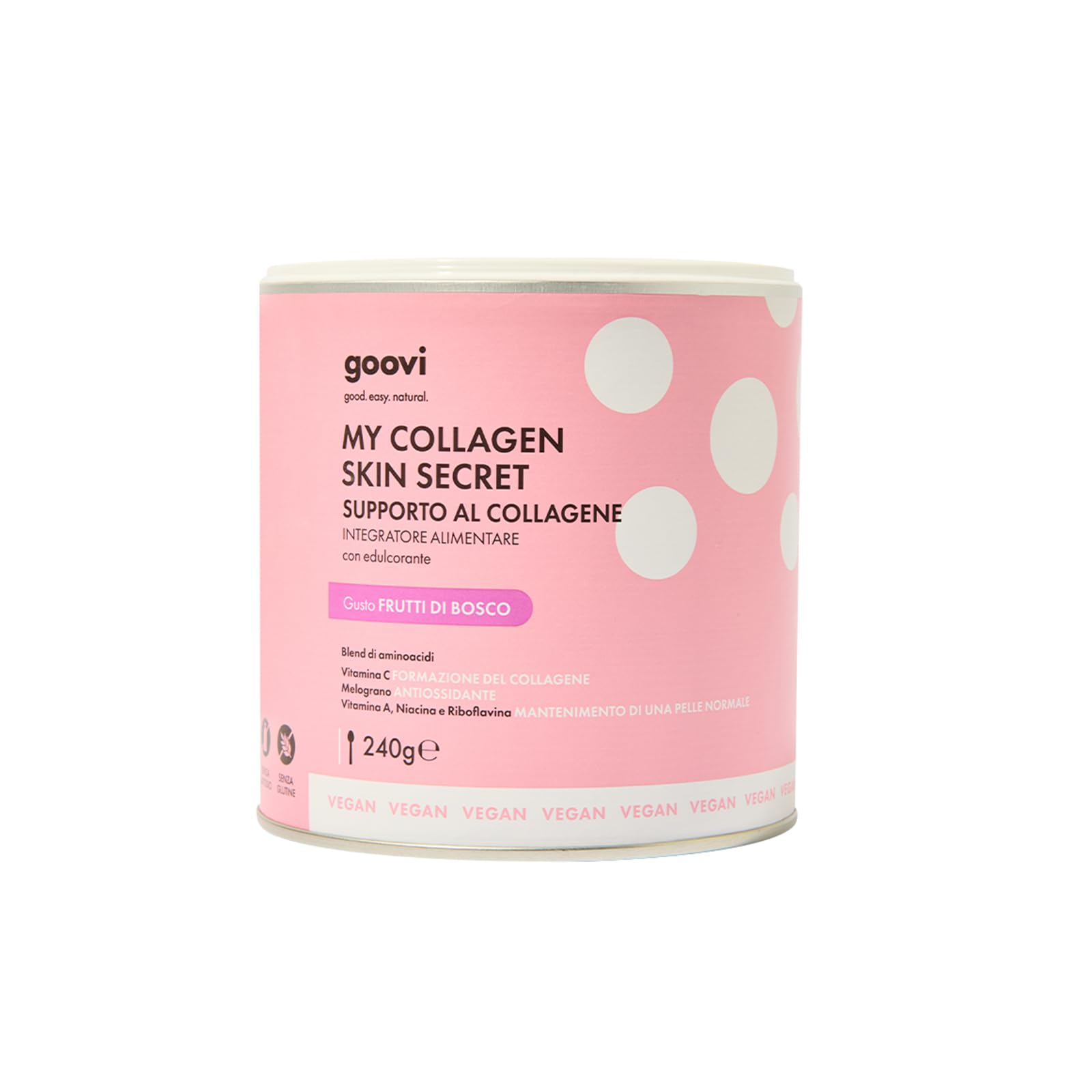Goovi, My Collagen Skin Secret, Integratore Alimentare per Stimolare la Formazione del Collagene, con Vitamina C, Melograno, Niacina e Riboflavina, Polvere Solubile al Gusto Frutti di Bosco, 240 g