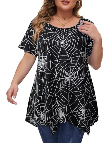 MONNURO Camisetas de verano de manga corta para mujer, tallas grandes, asimétricas, para usar con leggings, Tela de araña negra., 6X