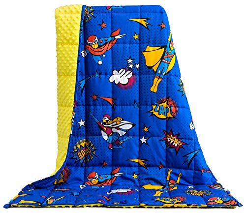 BUZIO Weighted Blanket 2.3 kg for Kids, Ultra Cozy Minky Dotted and Cotton Sided with Cartoon Patterns, Heavy Blanket Great for Calming and Sleeping, 90x120 cm, Blue Superman