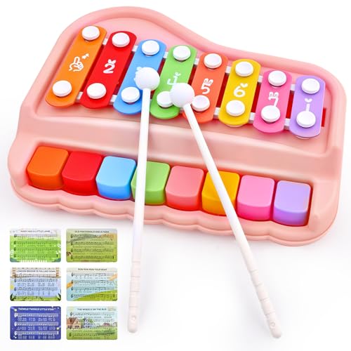 Baby Piano Xylophone Toy for Toddlers Age 1-3, 2-in-1 Montessori Musical Toy with 8 Colorful Keys Pink, Educational Gift for 1+ Year Old Girls, Safe Music Toy for Early Learning