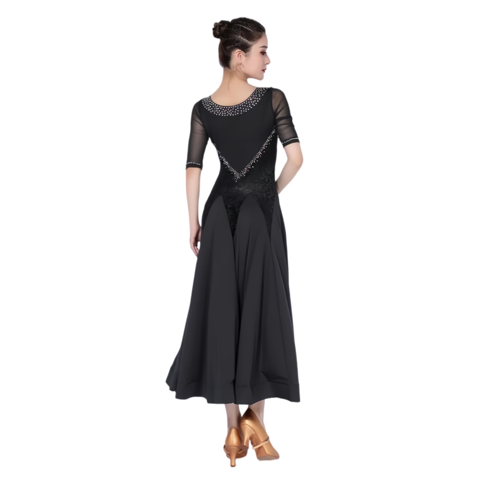 Damen Standard Ballroom Tanzkleid, Elegantes Walzer Turnierkleid Modisches Tanzkleid Mit Halbärmeln Und Strasssteinen Tanzkostüm Mit Weitem Schwingendem Rock Für Aufführung