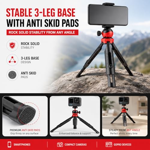 Image of Sounce Portable Flexible Mini Tripod with Mobile Holder & 360 Ball Head | Compatible with Smartphones, Compact Cameras & GoPro | Lightweight & Travel Friendly | Black