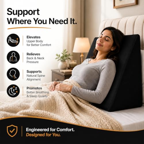 Image of Memory Foam Orthopedic Wedge Pillow for Back, Neck, Leg Support, Pregnancy, GERD, Acid Reflux, Snoring & Post-Surgery Relief - Soft Washable Velvet Cover - Black (46 x 52 x 46 CM)