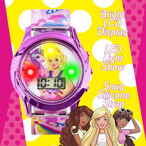 Mattel Barbie Kids Digital LCD Watch with Curved Bezel, Flashing Dial Lights and Printed Pink Strap Featuring Barbie and Unicorn Graphics Ages 4+ Fits Wrists 5.5"-8"3