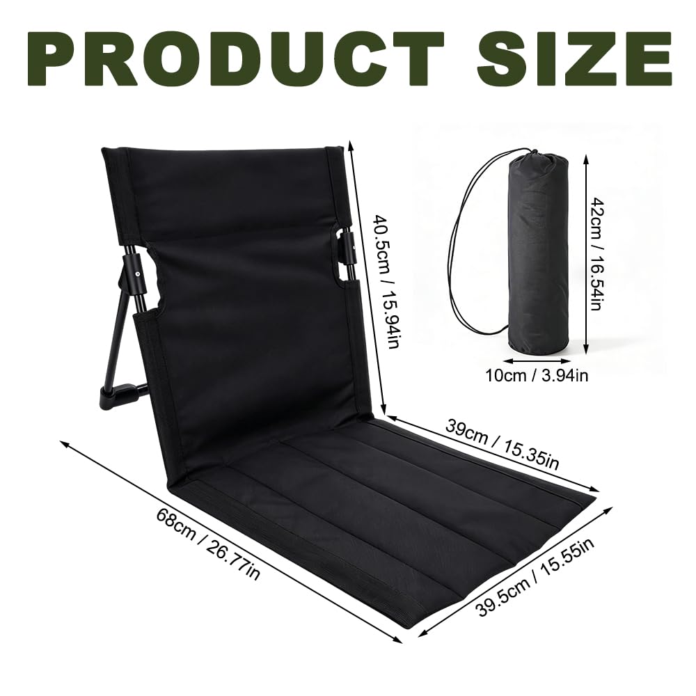 Bodenstuhl mit Rückenlehne, Strandmatte Mit Rückenlehne, 600D Oxford-Gewebe Bodenstuhl Outdoor, Strandmatte Klappbar mit Tragetasche für Angeln, Picknick, Strand, Wandern (Schwarz)
