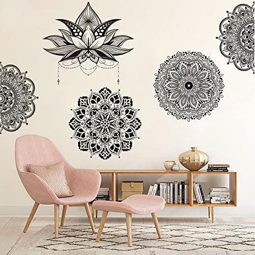 Runtoo Stickers Muraux Fleur Mandala Noir Autocollant Mural Lotus Zen Deco Stickers Salle de Bain Salon Cuisine Chambre Décoration