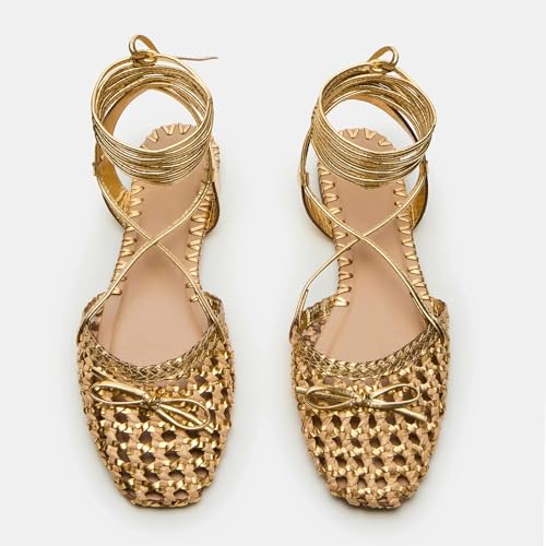 Seborluys Lace Up Ballet Flats Sandals for Women Woven Strappy Flats Sandals Closed Square Toe Summer Flat Shoes with Bow 6