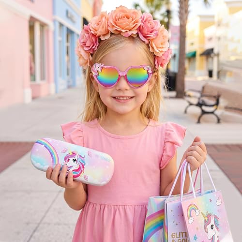 Image of Kids Sunglasses Girls Unicorn Heart Eyeglasses UV Protection Toddler Sunglasses with Sunglass Case for Party Beach