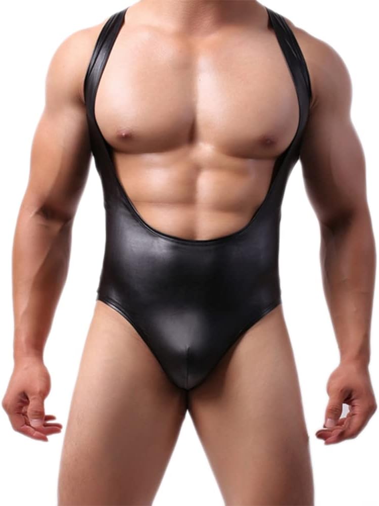 Shapewear Men's Sexy Leather Lingerie Crossover G-String Thong Leotard Bodysuit Underwear Cosplay Costume
