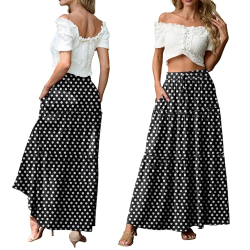 Image of Lepunuo Womens Casual Boho High Waisted Flowy Maxi Skirts Tiered Floral Long Skirts with Pockets for Summer Beach Vacation