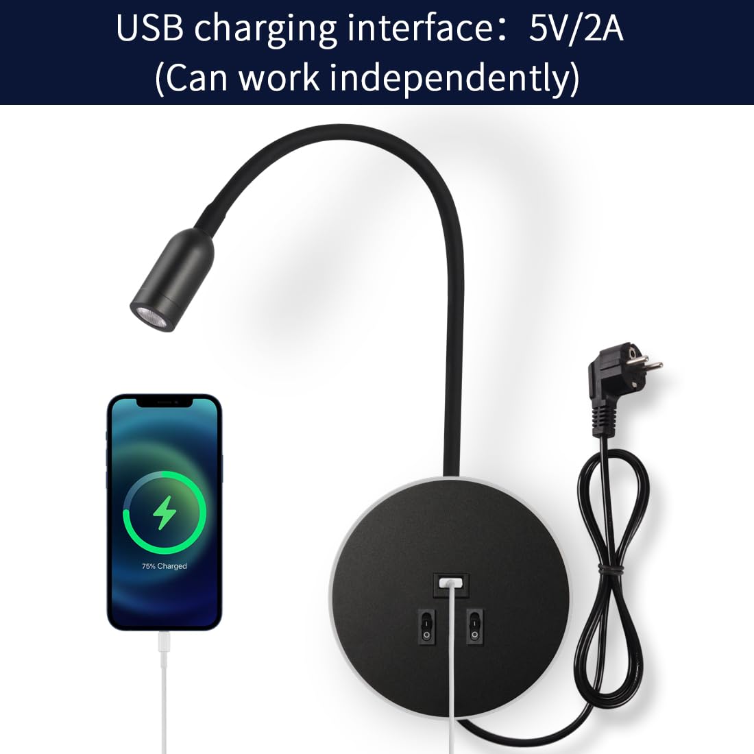 Applique murale LED,Col de Cygne Lumière, liseuse de chevet avec interrupteur, port de charge USB, éclairage d'ambiance de chambre à coucher Spot réglable (3W 3000K+8W 6000K) avec prise,Noir