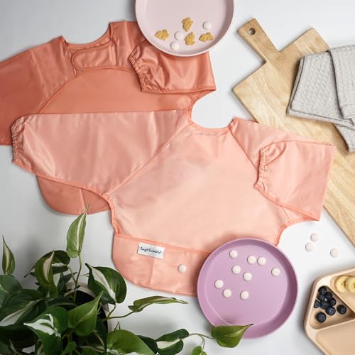 Image of Tiny Twinkle Long Sleeve Bib for Babies & Toddlers | 2-Pack Waterproof Smock Bib for Eating | Machine Washable & Mess-Proof Feeding Essentials | Newborn Shower Gift (Peach Terracotta,6-24M)