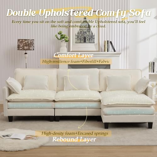 SAMERY 113\" Modular Sectional Sofa Comfy Cloud Couch with Movable Ottoman Pillows, Deep Seat Chenille Modular Sofa L Shaped Cloud Sectional Couches for Living Room, Bedroom, Apartment, Beige - Thumbnail 3