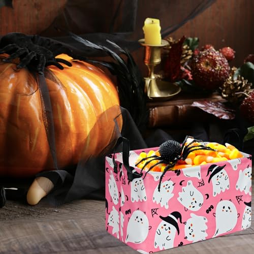 Image of Halloween Pink Ghost Storage Basket Gift Shelf Basket Storage Bin, Toys Nursery Basket Organizer Box for With Handles for Room Deco