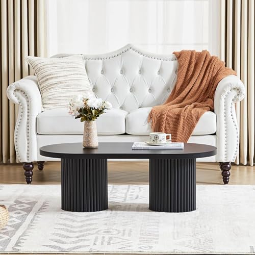 Image of Small Fluted Coffee Table, Farmhouse Oval Wood Coffee Table,Black