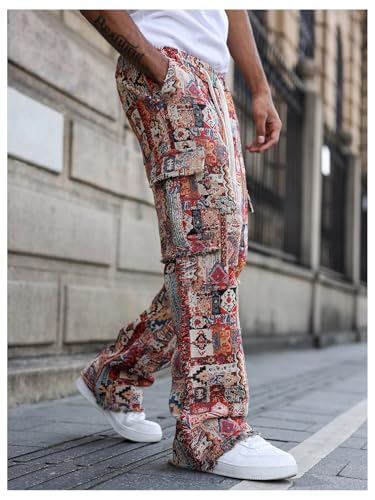 GORGLITTER Men's Patchwork Flared Pants Graphic Distressed Stacked Drawstring Waist Y2K Sweatpants Pants2