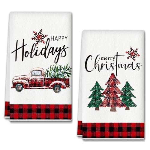 LUYANFX Torchons de Cuisine Camion et Arbres de Noël, 2 PCS Torchon Vaisselle de Noël,18 x 26 inch Torchons de Cuisine Coton Vaisselle,Bar Multi-usages Doux et absorbants