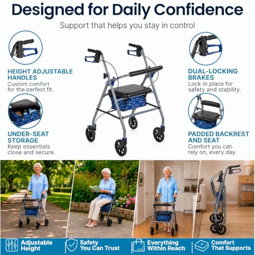 Image of Vive Ultra Lightweight Rollator Walker with Seat - Foldable & Narrow