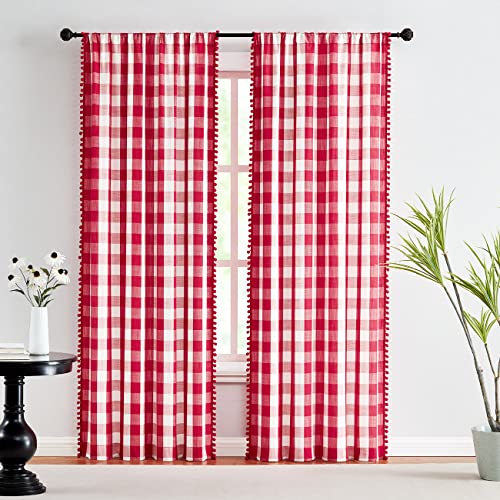 Image of Treatmentex Red Buffalo Check Curtains with Pom-Poms for Living Room 96 inch Long Semi Sheer Checkered Pattern Curtain Panels for Bedroom Décor 2 Panels Rod Pocket