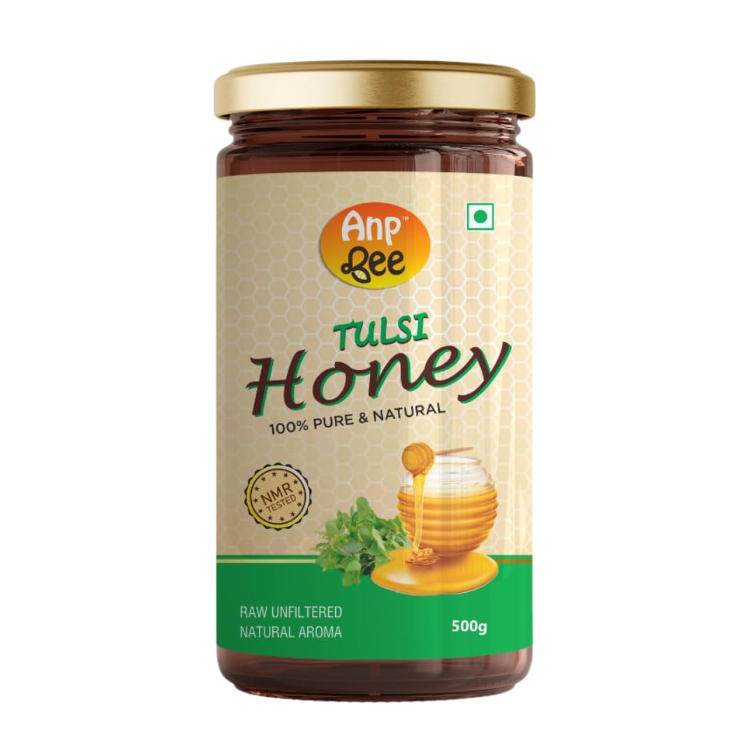 ANP BEE Raw Tulsi Honey 500gm Glass Bottle, NMR Tested Unprocessed Original Honey, 100% Pure and Natural with No Sugar, Ideal Home Remedy for Cold Cough and Weight Loss
