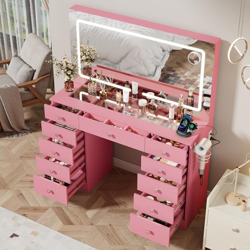 Otterease Vanity Desk with Mirror and Lights 11 Drawers Makeup Vanity Desk with Tempered Glass top 3 Lighting Modes Adjustable Brightness Pink Vanity with Magnetic 5X Magnifier for Bedroom