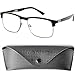 Produktbild Fashion Metall Blaulichtfilter Lesebrille mit rechteckigen Gläsern, GRATIS Brillenetui, Edelstahl Rahmen mit Flexible Kunststoff Bügeln (Schwarz), Anti Blaulicht Brille Herren und Damen +1.5 Dioptrien