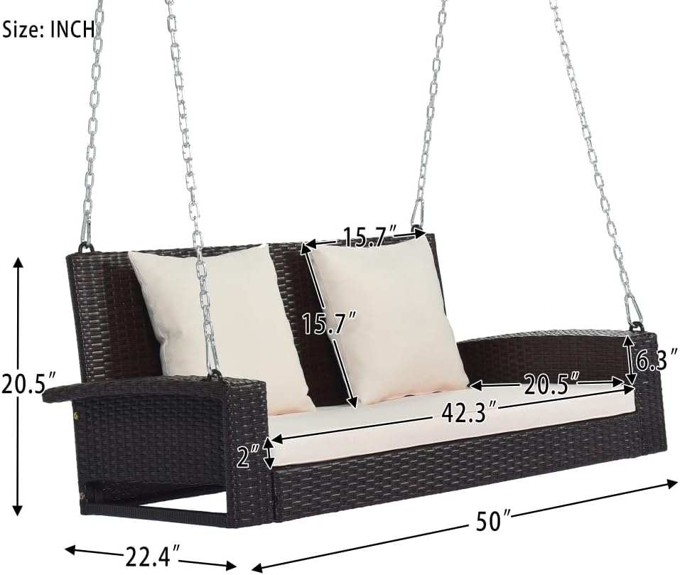 2-Person Wicker Hanging Porch Swing w/ 2 Back Cushions Capacity 500lbs for Garden, Backyard (Brown + Wicker)