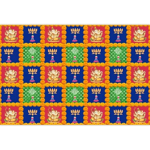 Image of Happy Diwali Backdrop Indian Traditional Mehndi Ganpati Puja Backdrop for Pooja Decor Festival Marigold Garland Lotus Floral Tulle Wedding Bridal Shower Wedding Party Decor Photo Prop Vinyl 5x3ft