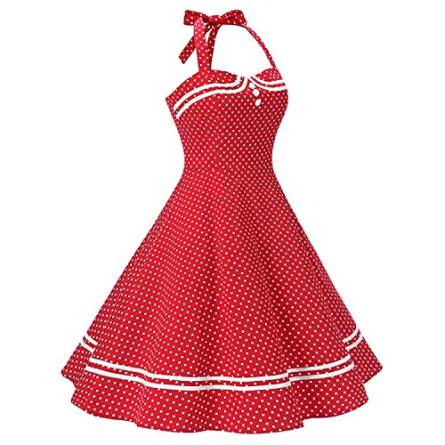 Women Halter Neck 50s 60s Vintage Polka Dot Cocktail Party Swing Dress Buttons Retro Pin Up 1950s Audrey Hepburn Rockabilly Prom Dress Knee Length A-Line Wedding Guest Evening Gown Red-Halterneck XL by IWEMEK - Used condition - Image 2
