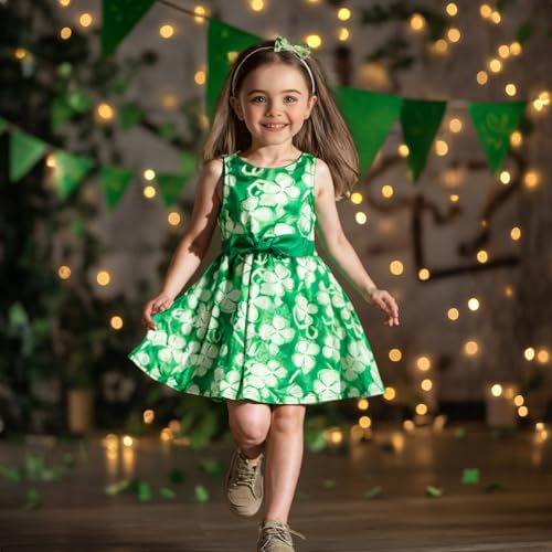 HH Family Girls St Patricks Day Oufit Clover Green Dress for Kids 4-12 Years3
