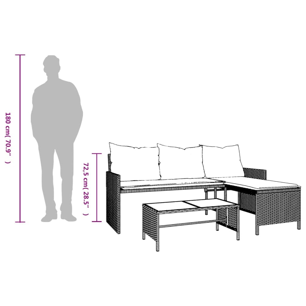 vidaXL Gartensofa in L-Form mit Tisch Kissen, Outdoor Sofa Terrassensofa, Garten Sofagarnitur, Gartenmöbel Sitzgruppe, Schwarz Poly Rattan