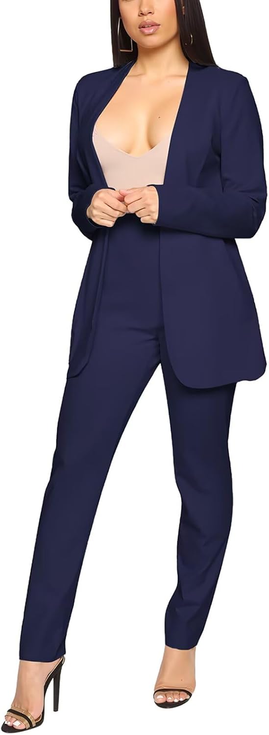 Aro Lora Women's 2 Piece Outfit Casual Solid Open Front Blazer and Pencil Pant Suits Set - Image 4