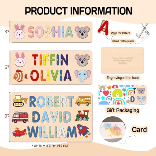 Image of Personalized Name Puzzle for Kids, Customized Baby Gifts First Birthday for Girls & Boys Name Puzzles for Toddlers 1-3 Early Learning Toys Wooden Animal Puzzle Eeducational Toy Alphabet Puzzle