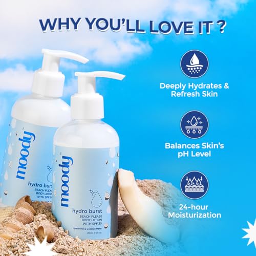 Image of Moody Hydro Burst Beach Please Body Sunscreen Lotion SPF 30 with Ceramide | Body Lotion for Summer & Dry Skin | Lotion Sunscreen for Men & Women Daily Use | Non Greasy, No White Cast, Quick Absorbing | 200ml