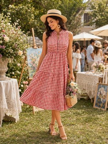 Image of BROVAVE Womens 2026 Summer Sleeveless Shirt Dress Collar Striped V Neck Casual Midi Dresses