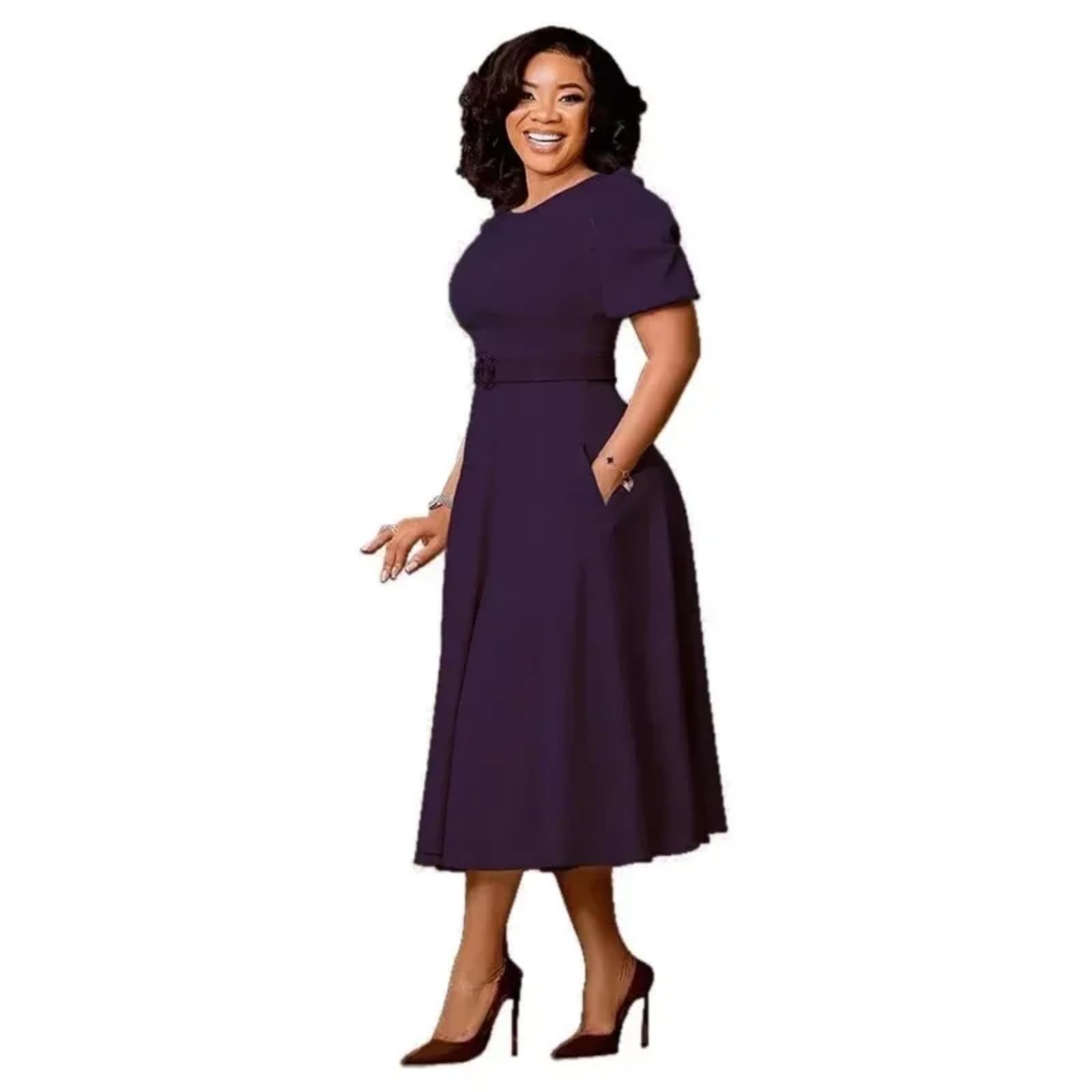 Adhdyuud Elegante vestido midi africano con manga abombada, cinturón, cuello redondo, acampanado, ropa formal de oficina