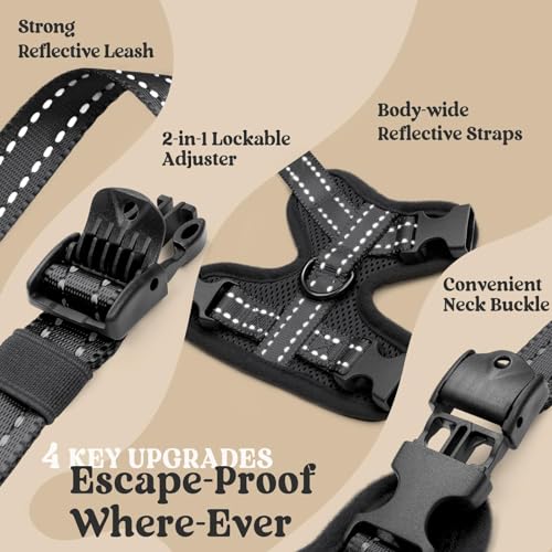 rabbitgoo Cat Harness and Leash, Easy-on with Neck Buckle, Black | Escape Proof, No Over-the-head, Soft Air Mesh, 3 Lockable Adjusters & Buckles, Reflective, for Small to Average Cats Walks, S - Image 4