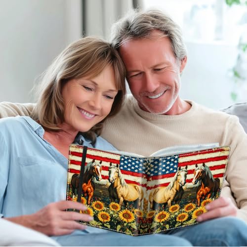 Image of Photo Album 4x6 120 Photos with Strong Elastic Band, American Flag Horses | Large Capacity Premium Leather Picture Album, Portable Wallet Albums Photo Book for Family Anniversaries Wedding Baby