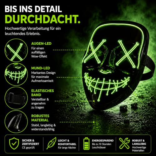 Costumed Halloween Maske Purge LED grün - Kostümmaske steuerbar für Halloween, Fasching & Karneval als Kostüm & Verkleidung für Herren &… – Ansicht 6