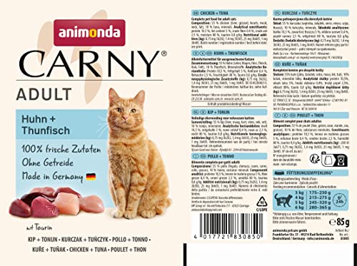 animonda Carny Katzenfutter nass Huhn + Thunfisch, 12 Portionsbeutel (12 x 85g), getreidefreies Katzen Nassfutter ohne Zucker, mit frischen fleischigen Zutaten