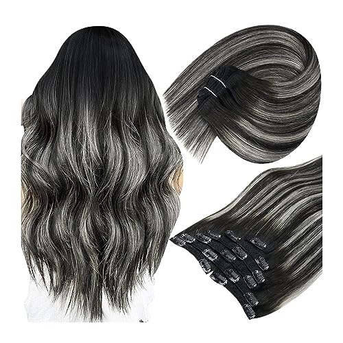 Extensiones de cabello natural de clip en tonos ombre gris y rubio para brillar siempre