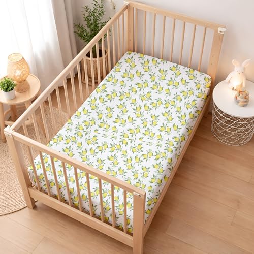Image of Fitted Cot Crib Sheet for Baby - Lemon Print, Soft & Breathable Newborn Bedding, Deep Pocket All-Round Elastic Fitted Crib Sheet (28 inchx52 inch / 132x71 cm)