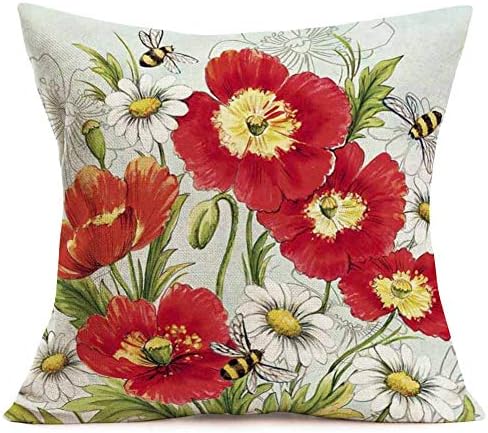Tlovudori Red Poppy Throw Pillow Covers Romantic Garden Flowers Red Poppies with White Daisies Green Leaves Insect Bee Design Pillow Cushion Cover Decor Outdoor Sofa 18"x18" (RP-Poppies)