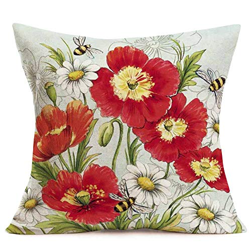 Asminifor Throw Pillow Covers Poppy Daisy Flower With Bees Decorative Pillow Case Cushion Cover Home Sofa Couch Decoration Cotton Linen Square 18 X 18 Inch Pillowcases (Bee Poppy) #TOP21