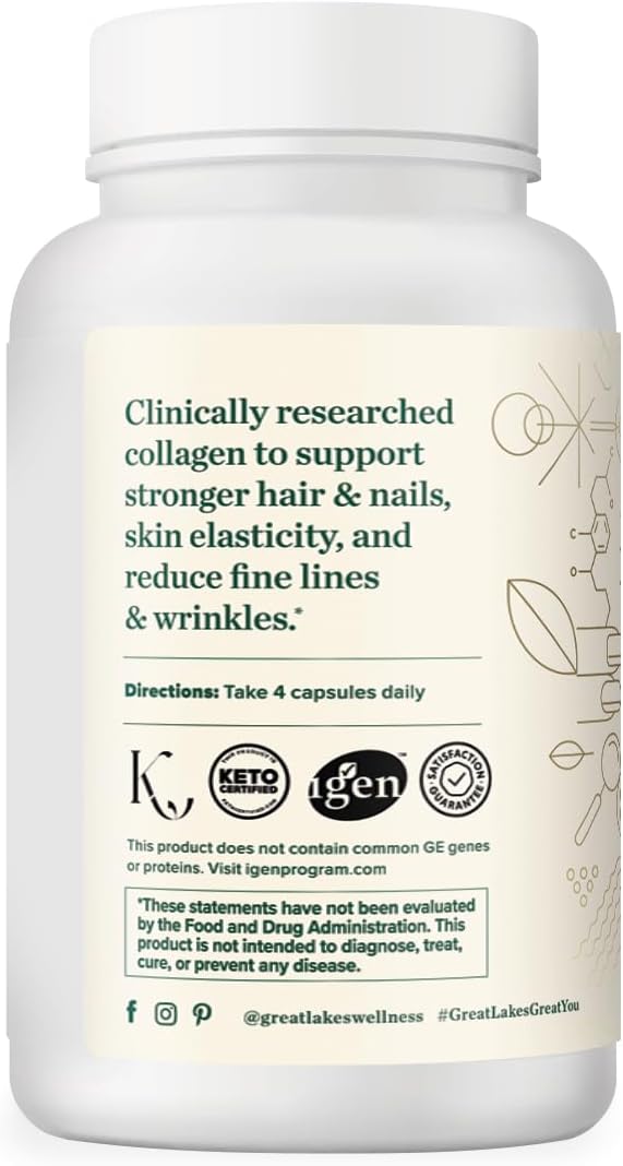 Great Lakes Wellness Collagen Peptides Pills – Supports Hair, Skin, Nails, Joints & Digestion – Hydrolyzed, Non-GMO, Keto & Kosher, VERISOL Collagen Types I & III for Maximum Absorption (120 Capsules)