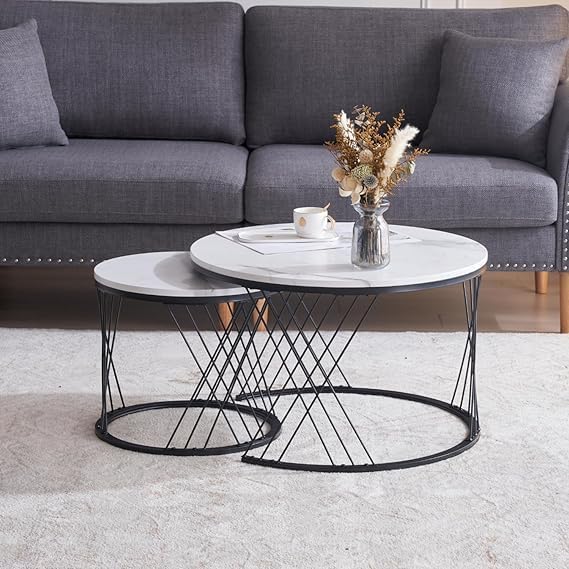 Image of Brown Art SHOPPEE Home Decor Furniture Round Coffee Table Sets,2 Piece MDF Top Couch Table,Stacking Nesting Table with Iron Frame for Living Room Living Room or Lounge (Black & White)