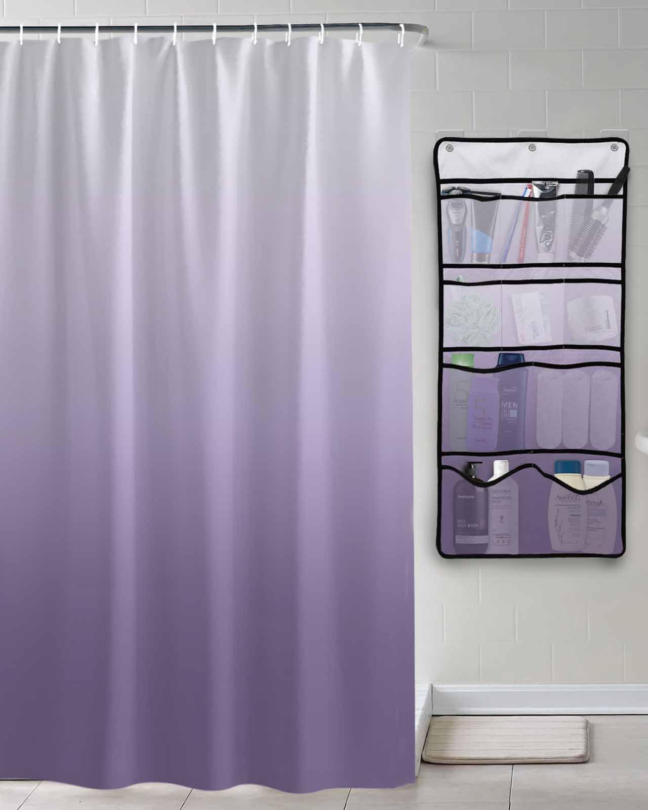 Shower Curtain Mesh Shower Organizer Hanging Set Purple Gradient Waterproof Shower Curtains with 10 Pockets Quick Dry Shower