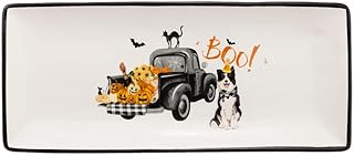 Boston International Ceramic Tray Dishwasher and Microwave Safe Halloween Party Decorations Serving Plate, 12" x 5", Halloween Truck Pups