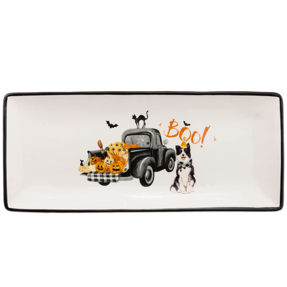Boston International Ceramic Tray Dishwasher and Microwave Safe Halloween Party Decorations Serving Plate, 12" x 5", Halloween Truck Pups