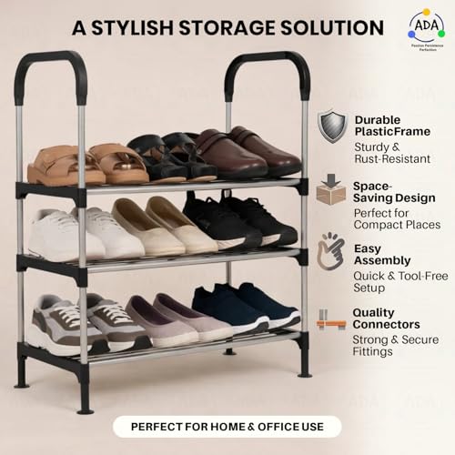 Image of ADA Premium Multipurpose Shoe Rack | 3-Tier Shoe Storage Organizer, Compact Space Saver, Sturdy & Durable Rack for Entryway, Living Room, Bedroom & Closet - Black & Grey